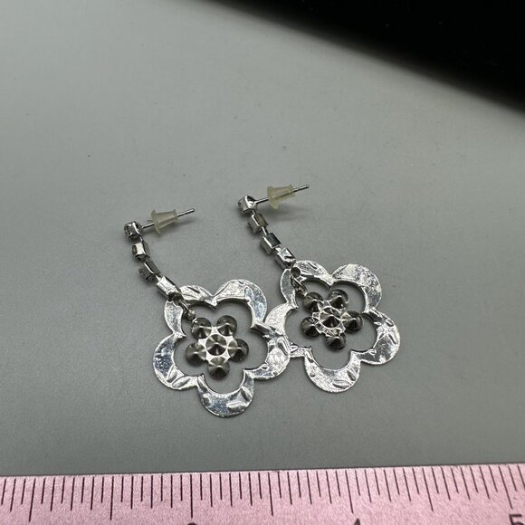 3/$30 Rhinestone Flower Earrings Silver Drop Pierced Dangle Sparkly Floral 1.5" - Picture 4 of 9